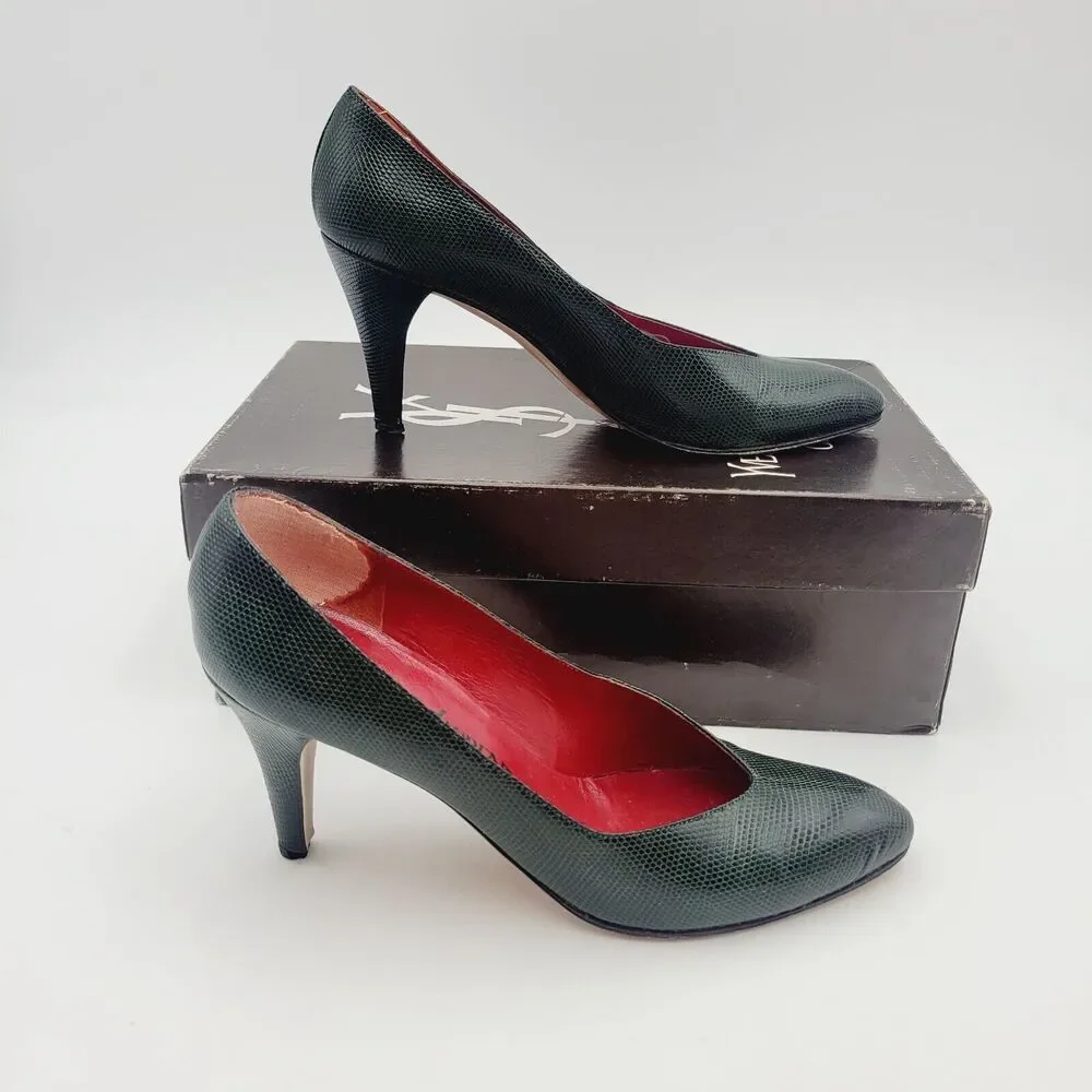 Vtg YVES SAINT LAURENT Green Python Triboo Heels Pumps Sz 6.5 Made In Italy - Picture 2 of 11